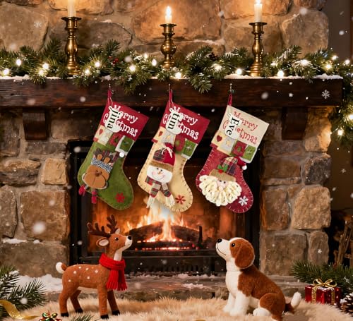 Bone Shaped Dog Christmas Stockings 3 Pack Cable Knit with Name Tag X7669