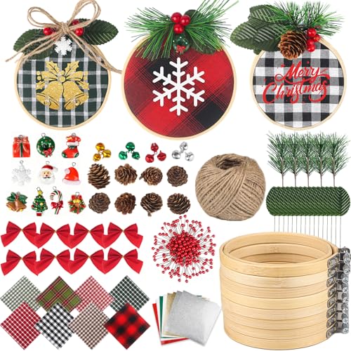 8 Pack DIY Christmas Ornaments Craft Kit with Plaid Fabric Bamboo Hoops Pinecones Berries D112