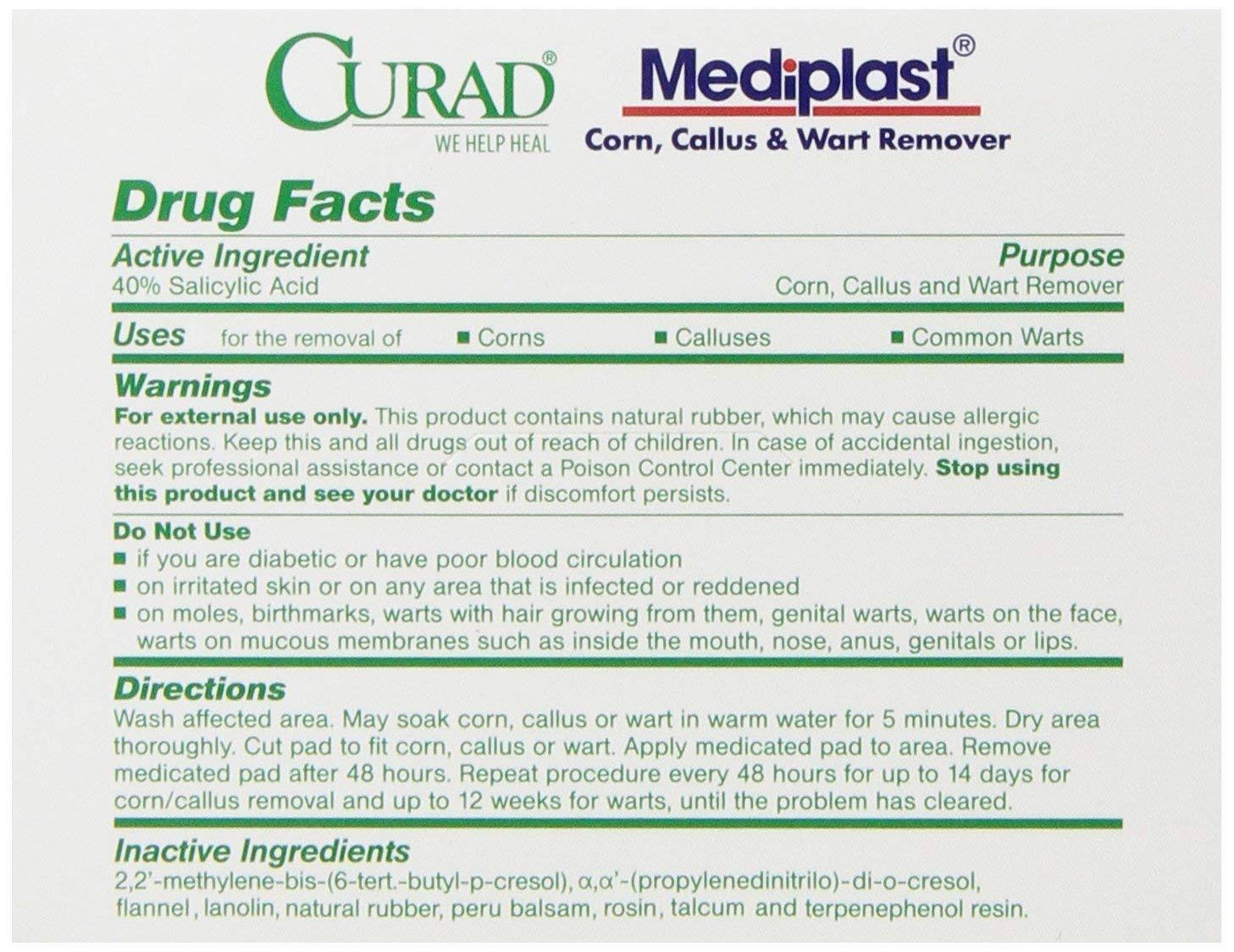Curad Mediplast 25 Pads Corn, Callus, and Wart Remover, 40% Salicylic Acid Pads - Megean