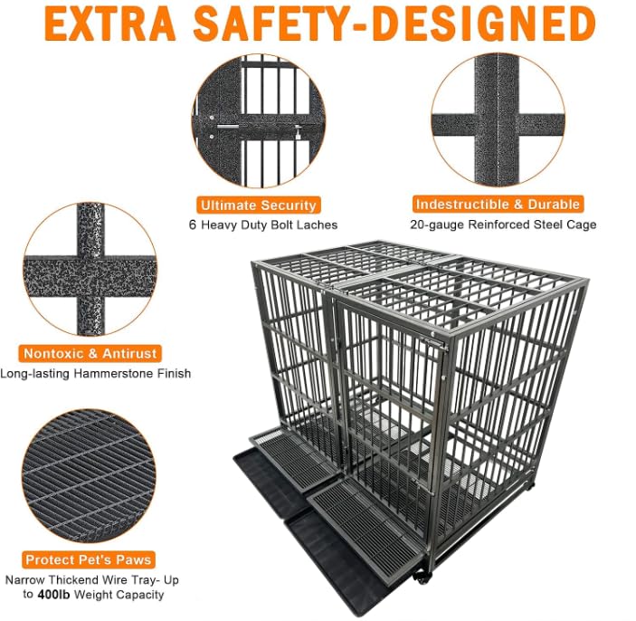 Heavy Duty Dog Crate Cage Kennel for Large Dogs with Removable Trays and Wheels J3652
