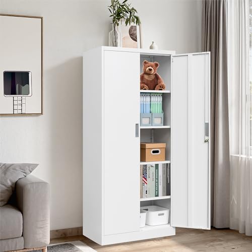 Metal Storage Cabinet 71" White Locking Steel Cabinet with 2 Doors and 5 Shelves U4003