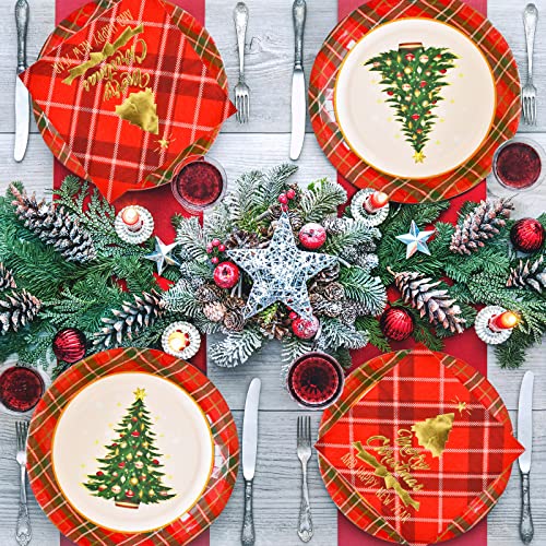 Gatherfun Christmas Tree Red Plaid Disposable Paper Plates and Napkins, Serve 50 M3788