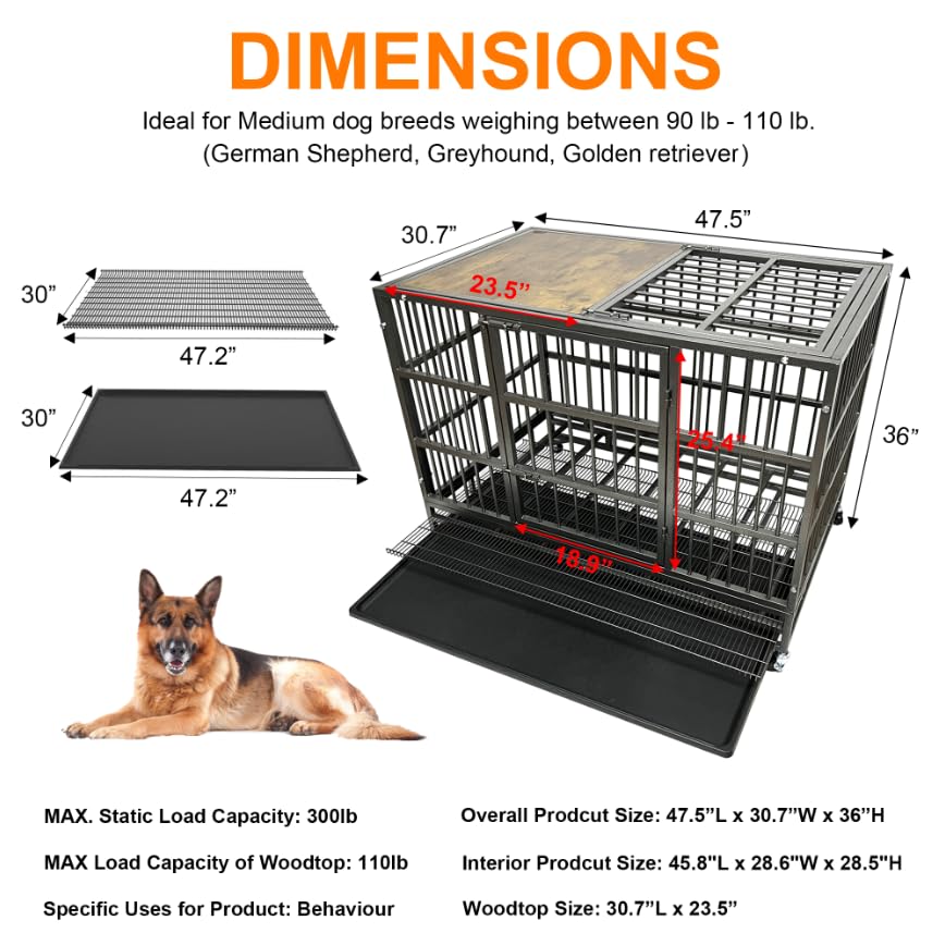 Heavy Duty Dog Crate Cage Kennel for Large Dogs with Removable Trays and Wheels J3652
