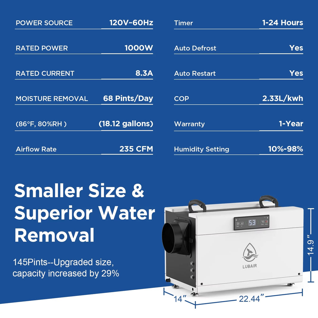 LUBAIR 145 Pints Commercial Dehumidifier for Basement, White A782978