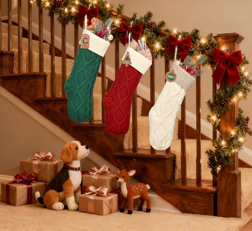 Bone Shaped Dog Christmas Stockings 3 Pack Cable Knit with Name Tag X7669