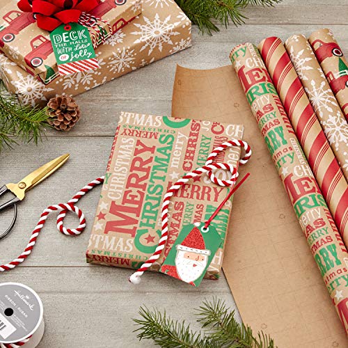 Hallmark Christmas Wrapping Paper Bundle with Cut Lines, Kraft, Red Trucks, 4 Rolls D91100