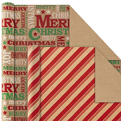 Hallmark Christmas Wrapping Paper Bundle with Cut Lines, Kraft, Red Trucks, 4 Rolls D91100