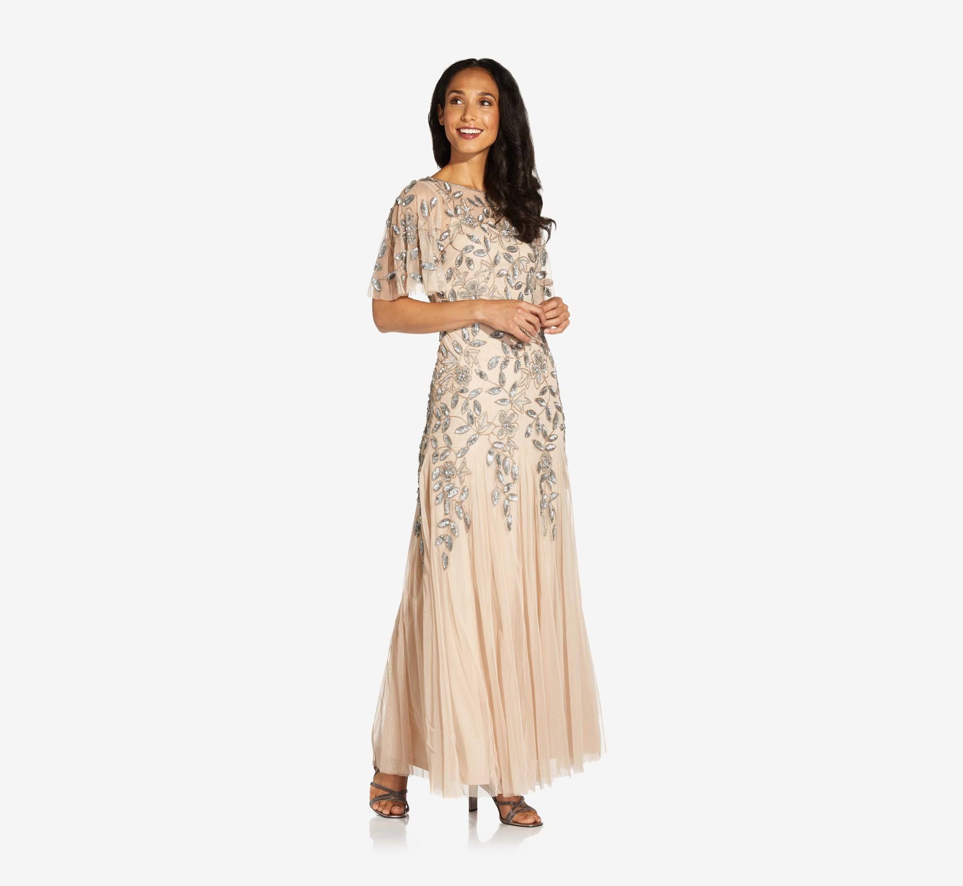Adrianna Papell Petite Long Floral Beaded Gown with Flutter Sleeves, Taupe Pink, Size: 14