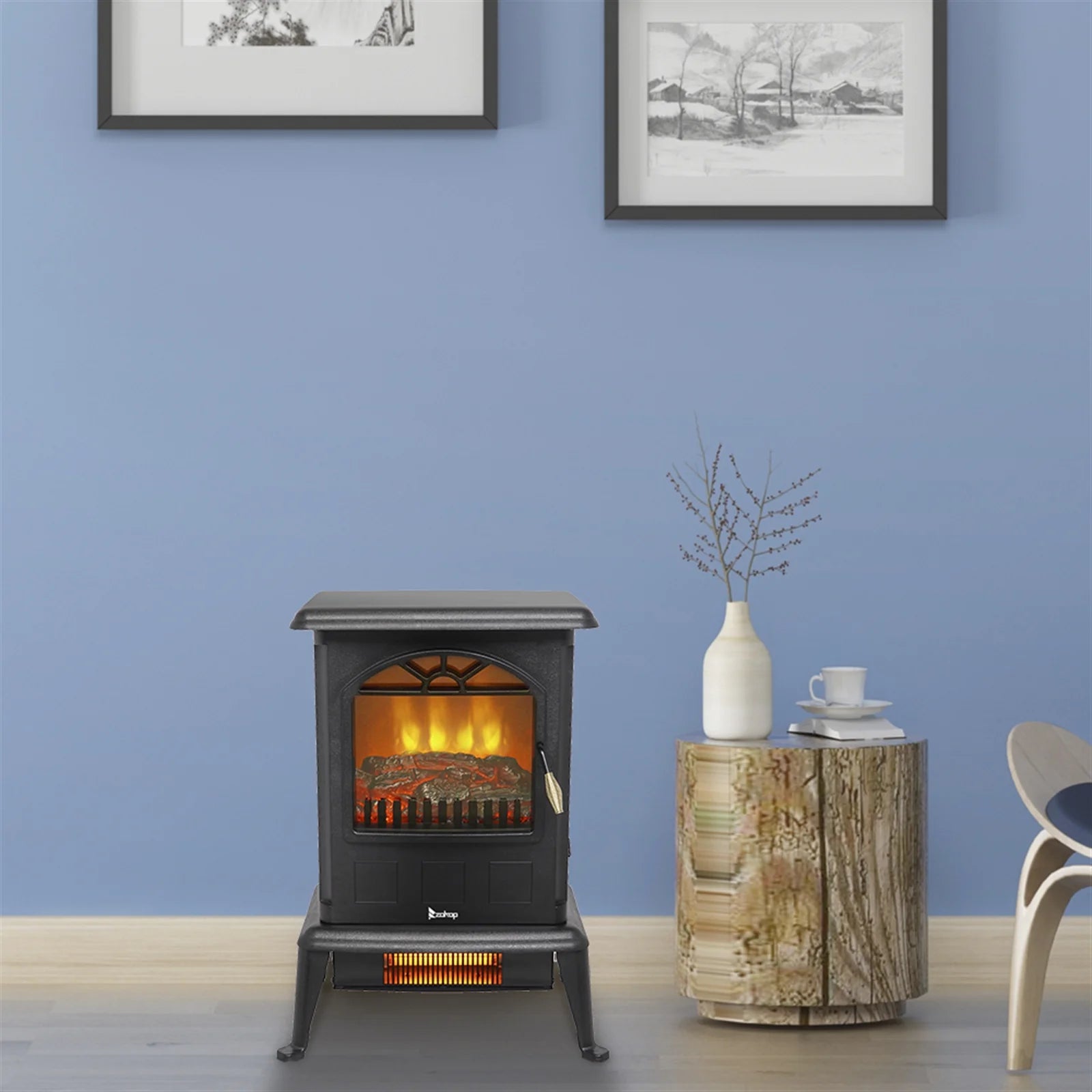 1500W Electric Stove Heater with 3D Flame Effect, Freestanding Indoor Fireplace D3021