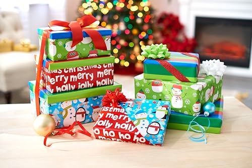 American Greetings Kids Christmas Wrapping Paper Set, 120 sq ft, 4 Rolls with Bows and Tags I837576