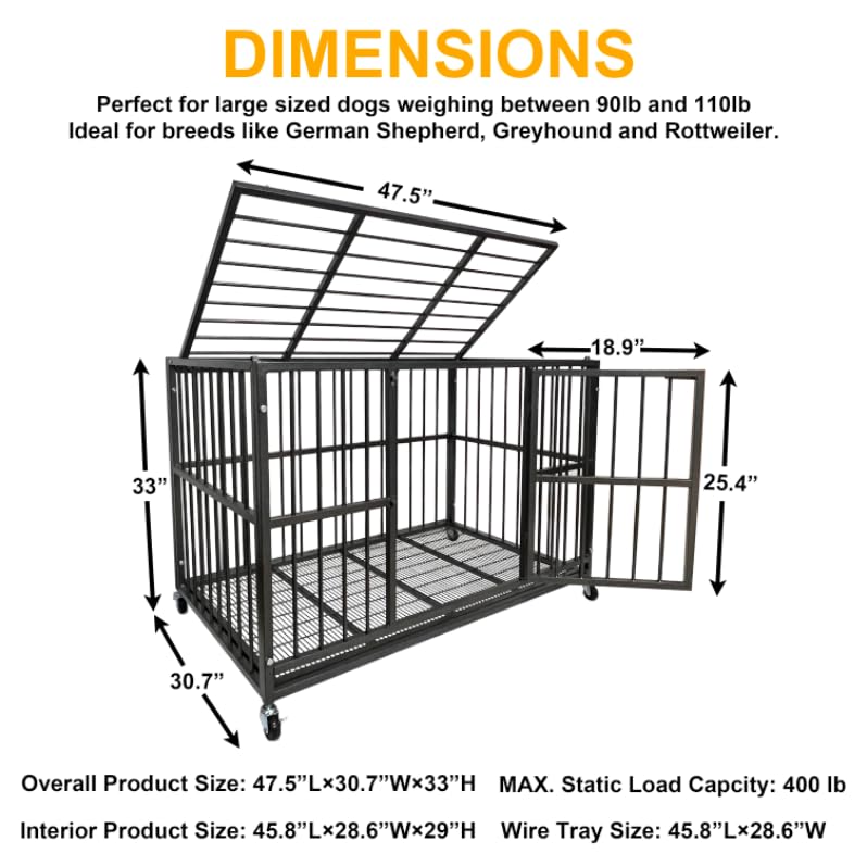 Heavy Duty Dog Crate Cage Kennel for Large Dogs with Removable Trays and Wheels J3652