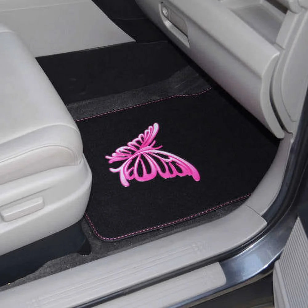 BDK Pink Butterfly Car Floor Mats Full Set Rubber Backing H618864