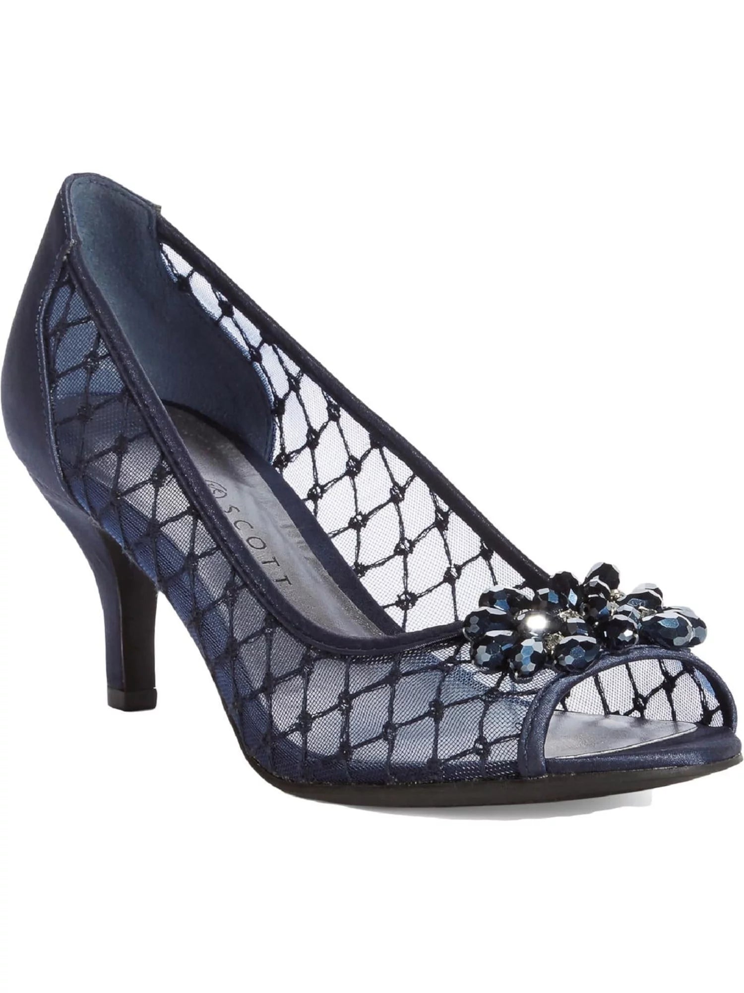 KAREN SCOTT Womens Navy Mixed Media Glass Brooch Maralyn Almond Toe Kitten Heel Slip On Dress Pumps 7 M