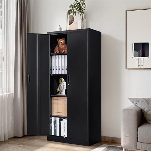 Metal Storage Cabinet 71" White Locking Steel Cabinet with 2 Doors and 5 Shelves U4003