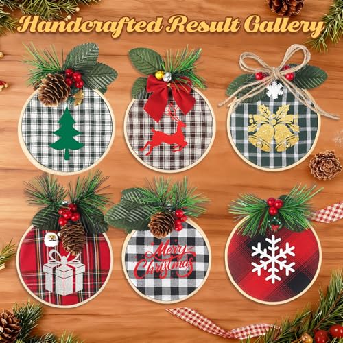 8 Pack DIY Christmas Ornaments Craft Kit with Plaid Fabric Bamboo Hoops Pinecones Berries D112