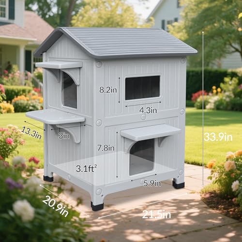 Outdoor Cat House with Mat Weatherproof for Feral Cat, 2 Story Insulated Shelter E964824
