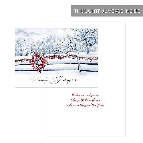 Masterpiece Holiday Greetings Christmas Cards with Snowy Cardinal Wreath, 16 Boxed with Envelopes L381397