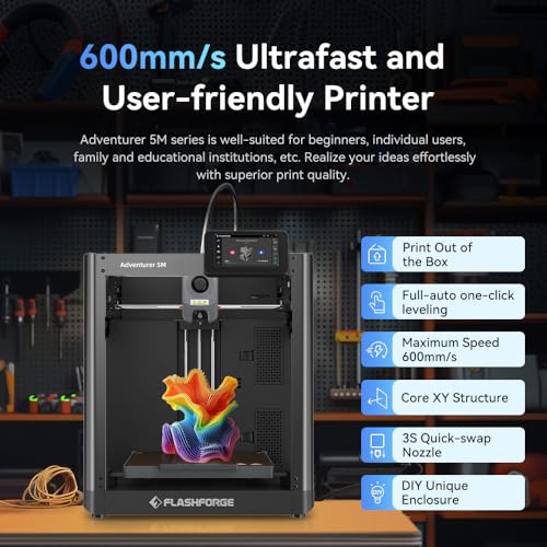 FLASHFORGE Adventurer 5M 3D Printer with Auto Leveling, 600mm/s High-Speed, Quick-Detach Nozzle H9340