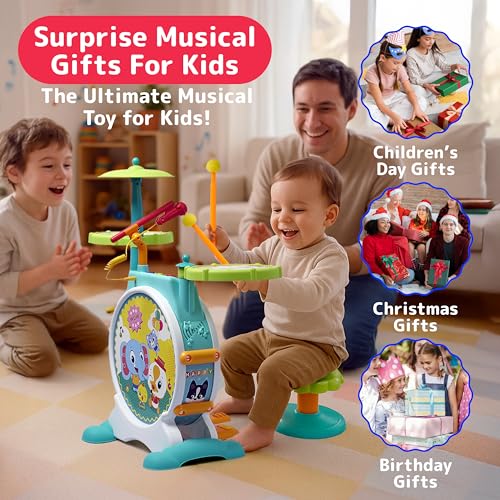 Prextex Electric Toy Drum Set with Cymbal for Kids, Multicolor, 9 Pieces Y12631
