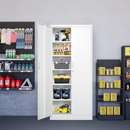 Metal Storage Cabinet 71" White Locking Steel Cabinet with 2 Doors and 5 Shelves U4003