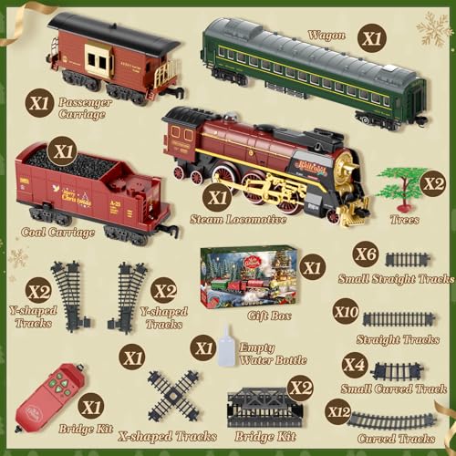Electric Train Set for Kids with Remote Control, Steam Locomotive with Lights & Sounds F801