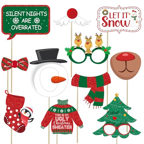 Glitter Christmas Photo Booth Props Set, 30pcs Party Decorations K327