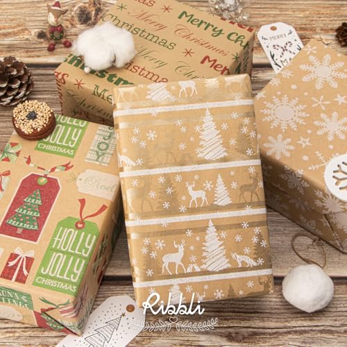 Ribbli Christmas Wrapping Paper, 4 Rolls Vintage Kraft Brown with Black Pattern E817