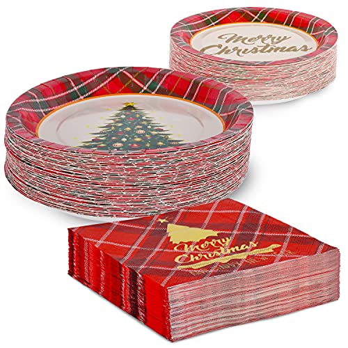 Gatherfun Christmas Tree Red Plaid Disposable Paper Plates and Napkins, Serve 50 M3788