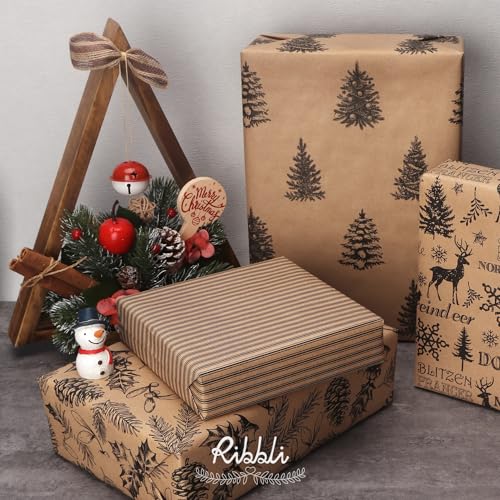 Ribbli Christmas Wrapping Paper, 4 Rolls Vintage Kraft Brown with Black Pattern E817