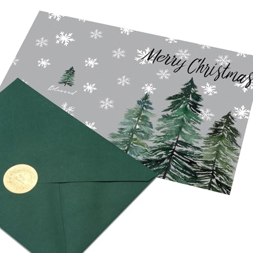 GEEORY Boxed Christmas Greeting Cards 5" x 7" Watercolor Xmas Tree & Snowflake, 24 with Envelopes & Stickers T87529