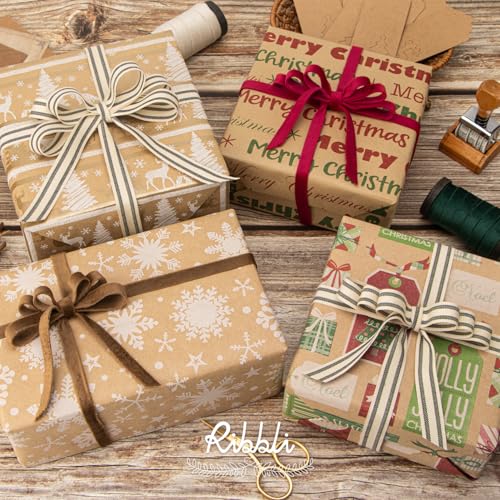 Ribbli Christmas Wrapping Paper, 4 Rolls Vintage Kraft Brown with Black Pattern E817
