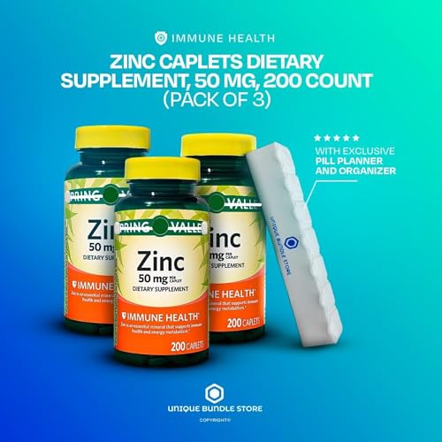 Zinc 50mg, 200 Caplets Dietary Supplement with 7 Day Pill Organizer (Pack of 3) F7652