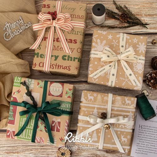 Ribbli Christmas Wrapping Paper, 4 Rolls Vintage Kraft Brown with Black Pattern E817