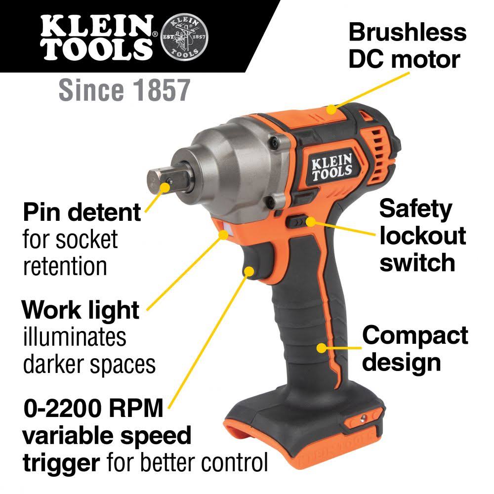 Klein Tools BAT20CW Battery-Operated Compact Impact Wrench, 1/2-Inch Detent Pin I8625