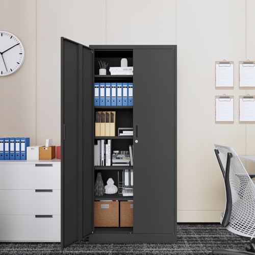 Metal Storage Cabinet 71" White Locking Steel Cabinet with 2 Doors and 5 Shelves U4003