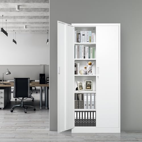 Metal Storage Cabinet 71" White Locking Steel Cabinet with 2 Doors and 5 Shelves U4003