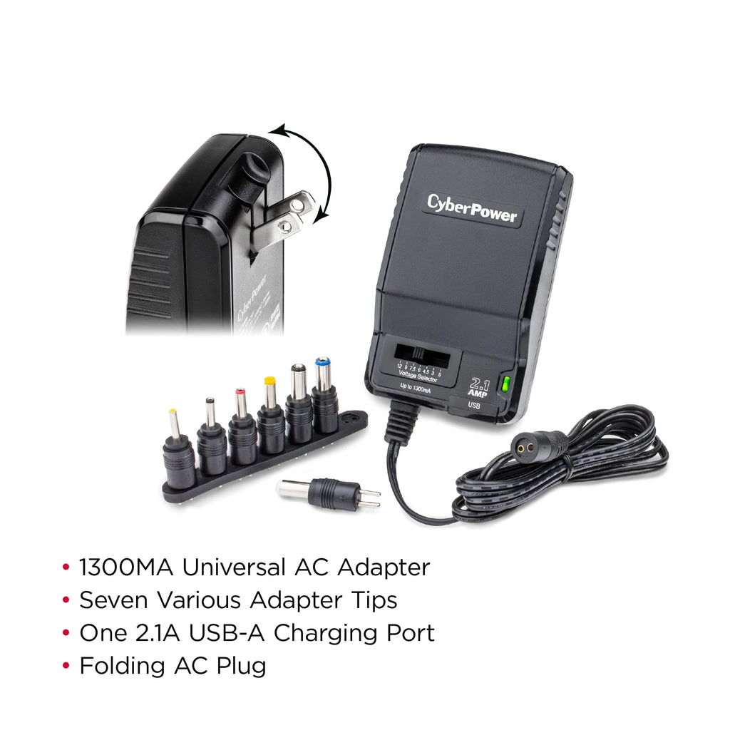 CyberPower Universal Power Adapter 3-12V 1300mA with USB Charge Port P2997