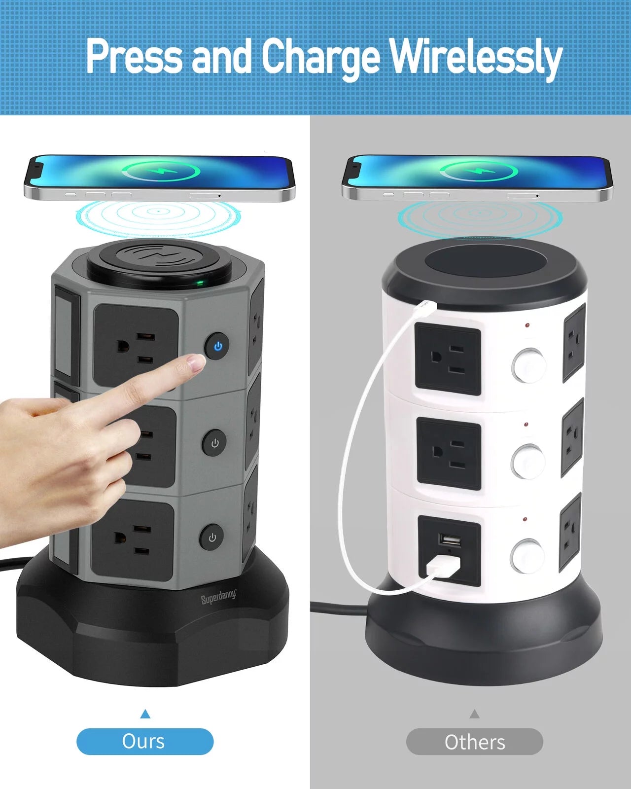 SUPERDANNY Surge Protector Power Strip Tower with Wireless Charger, 12 AC Outlets Y8850