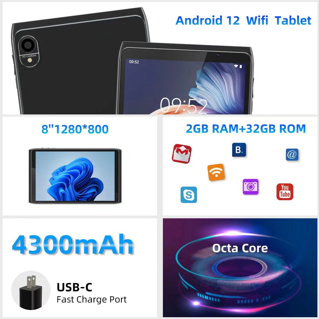 Android Tablet 8 inch, Android 12.0, 32GB Storage, 512GB SD Expansion, Quad-core Processor, 2GB RAM, IPS HD Touchscreen, Dual Camera, WiFi, BT, 4300 mAh Battery L3058