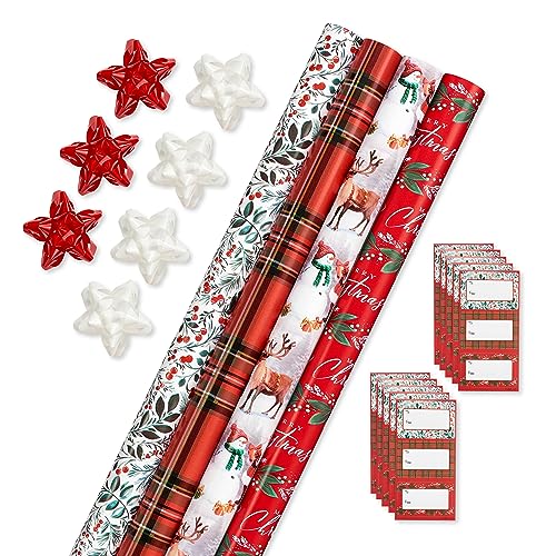 American Greetings Christmas Wrapping Paper Set, Red and Tan Brown, 120 sq ft, 4 Rolls R967653