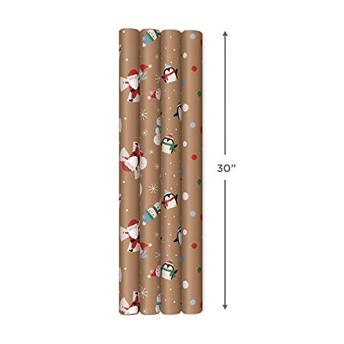 Hallmark Christmas Wrapping Paper Bundle with Cut Lines, Kraft, Red Trucks, 4 Rolls D91100