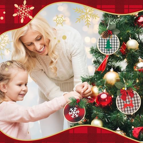 8 Pack DIY Christmas Ornaments Craft Kit with Plaid Fabric Bamboo Hoops Pinecones Berries D112