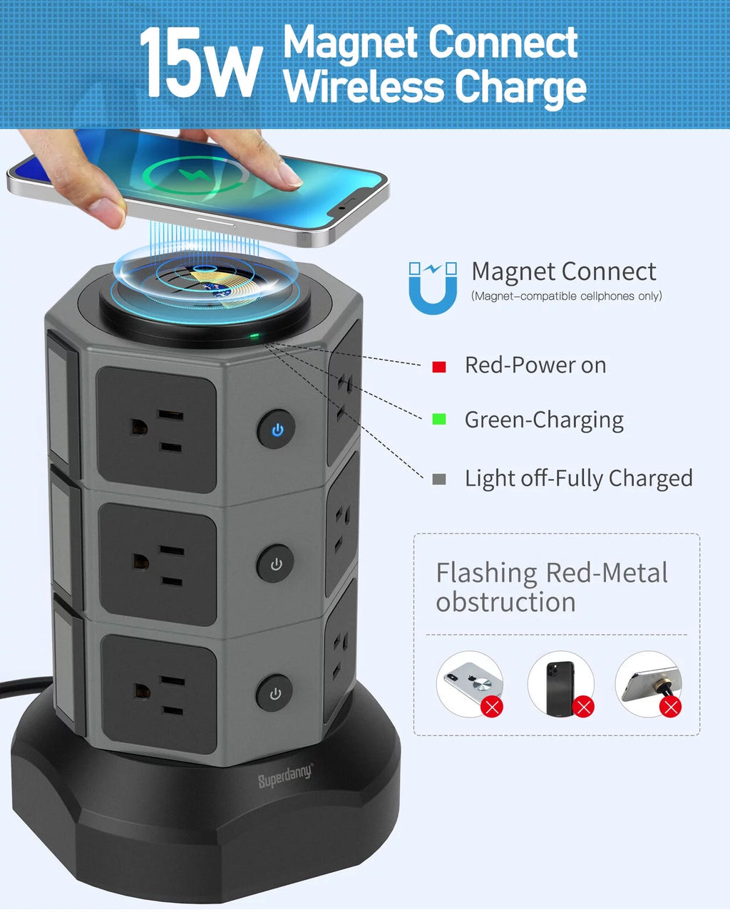 SUPERDANNY Surge Protector Power Strip Tower with Wireless Charger, 12 AC Outlets Y8850