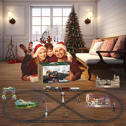 Electric Train Set for Kids with Steam Locomotive, Light & Sounds S601002