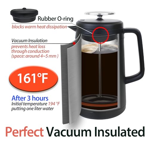 34oz Double Vacuum Insulated French Press Coffee Maker, Stainless Steel, Matte Black F98944