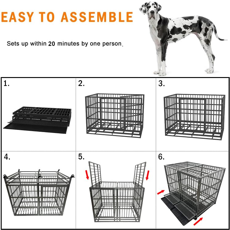 Heavy Duty Dog Crate Cage Kennel for Large Dogs with Removable Trays and Wheels J3652