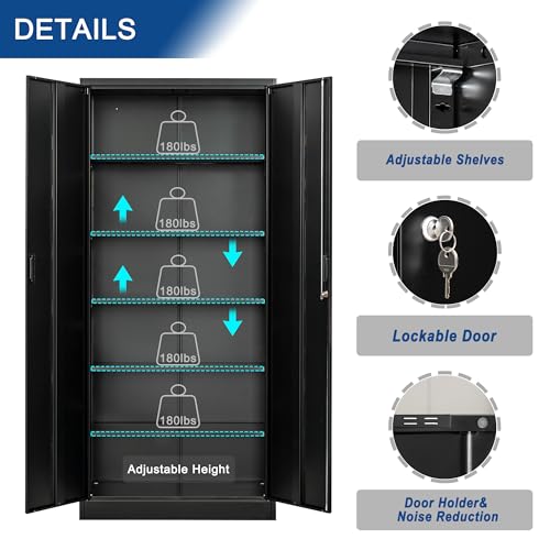 Metal Storage Cabinet 71" White Locking Steel Cabinet with 2 Doors and 5 Shelves U4003