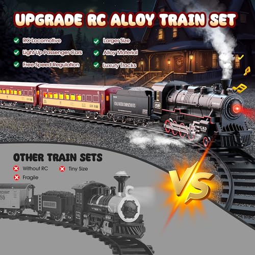 Hot Bee Train Set for Boys, Remote Control Electric Toy with Steam Locomotive E1277