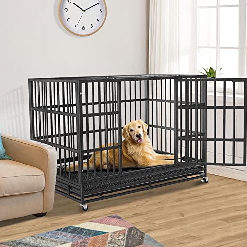 Heavy Duty Dog Crate Cage Kennel for Large Dogs with Removable Trays and Wheels J3652