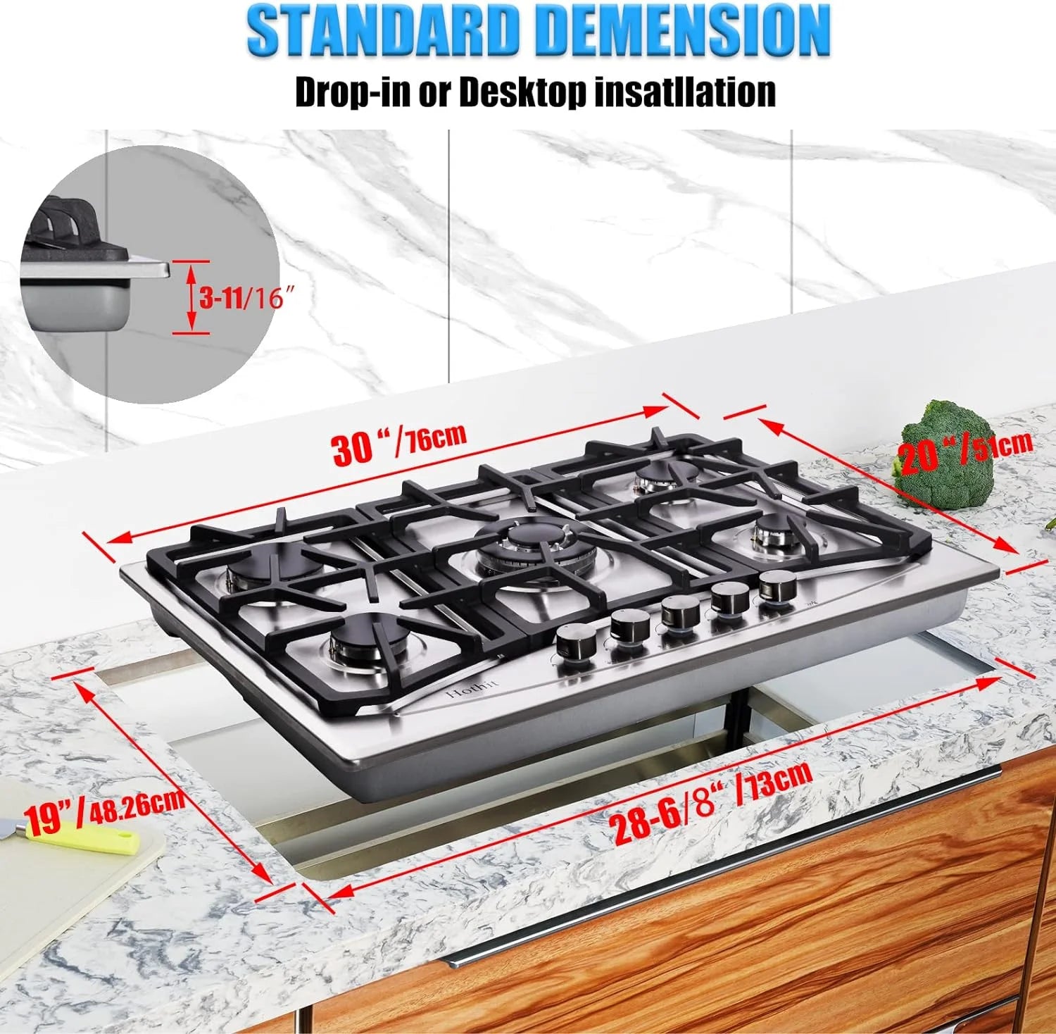 Tabaray Propane Gas Cooktop 30 Inch 5 Burner Stainless Steel Built-in U803611